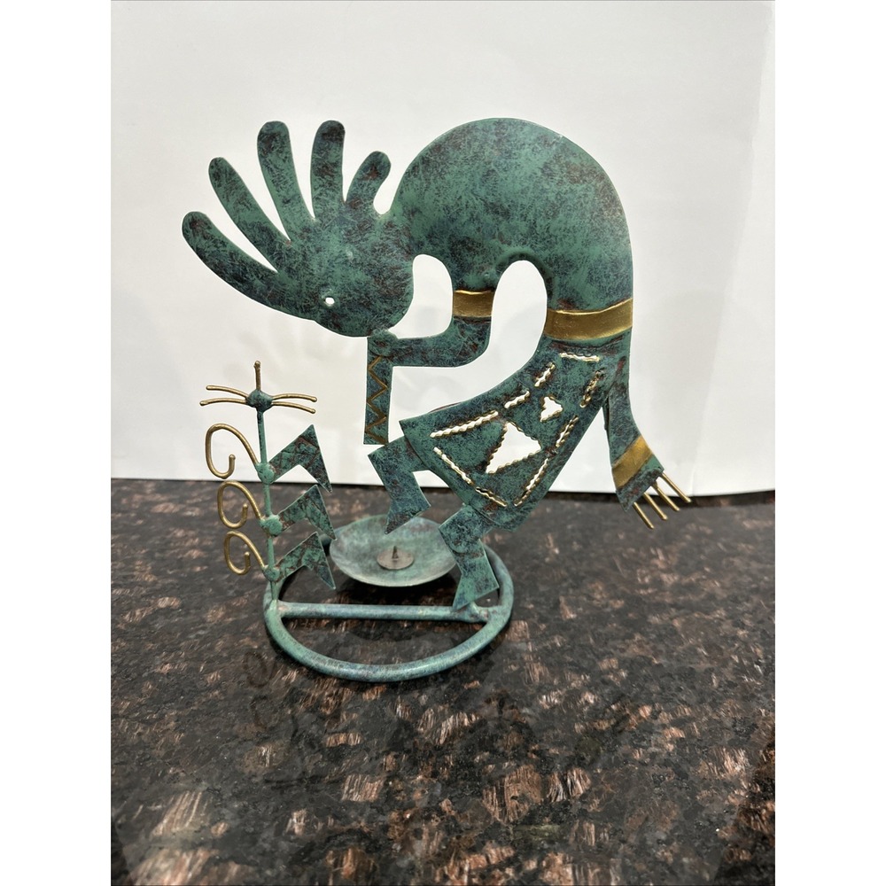 Kokopelli Metal Candle Holder Green W/ Gold Accents 8.5” Tall Outdoor Decor